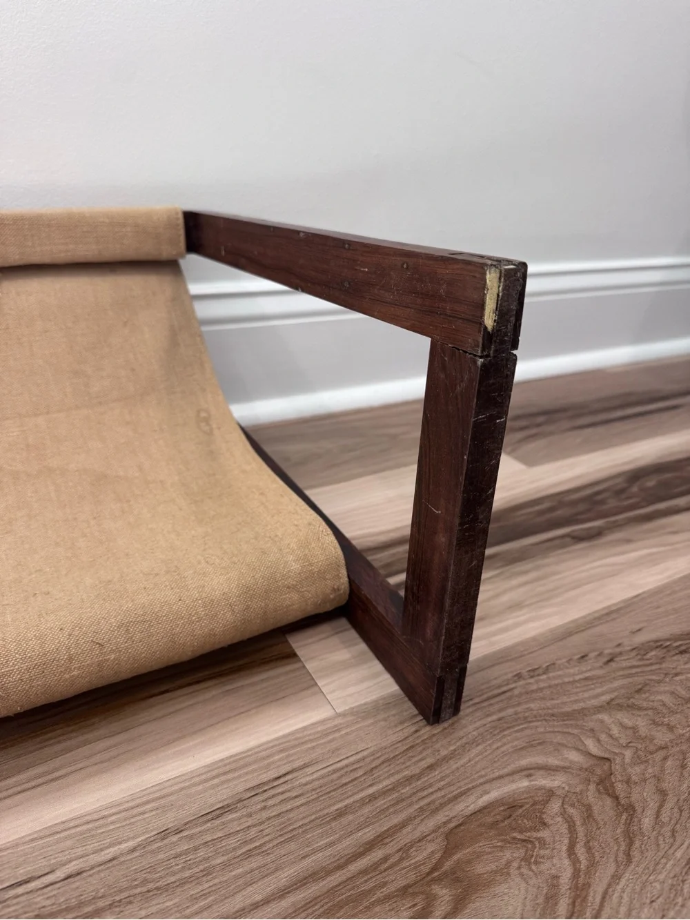 Vintage Mid Century Wooden Magazine Rack Canvas Sling Holder MCM 1960s Decor